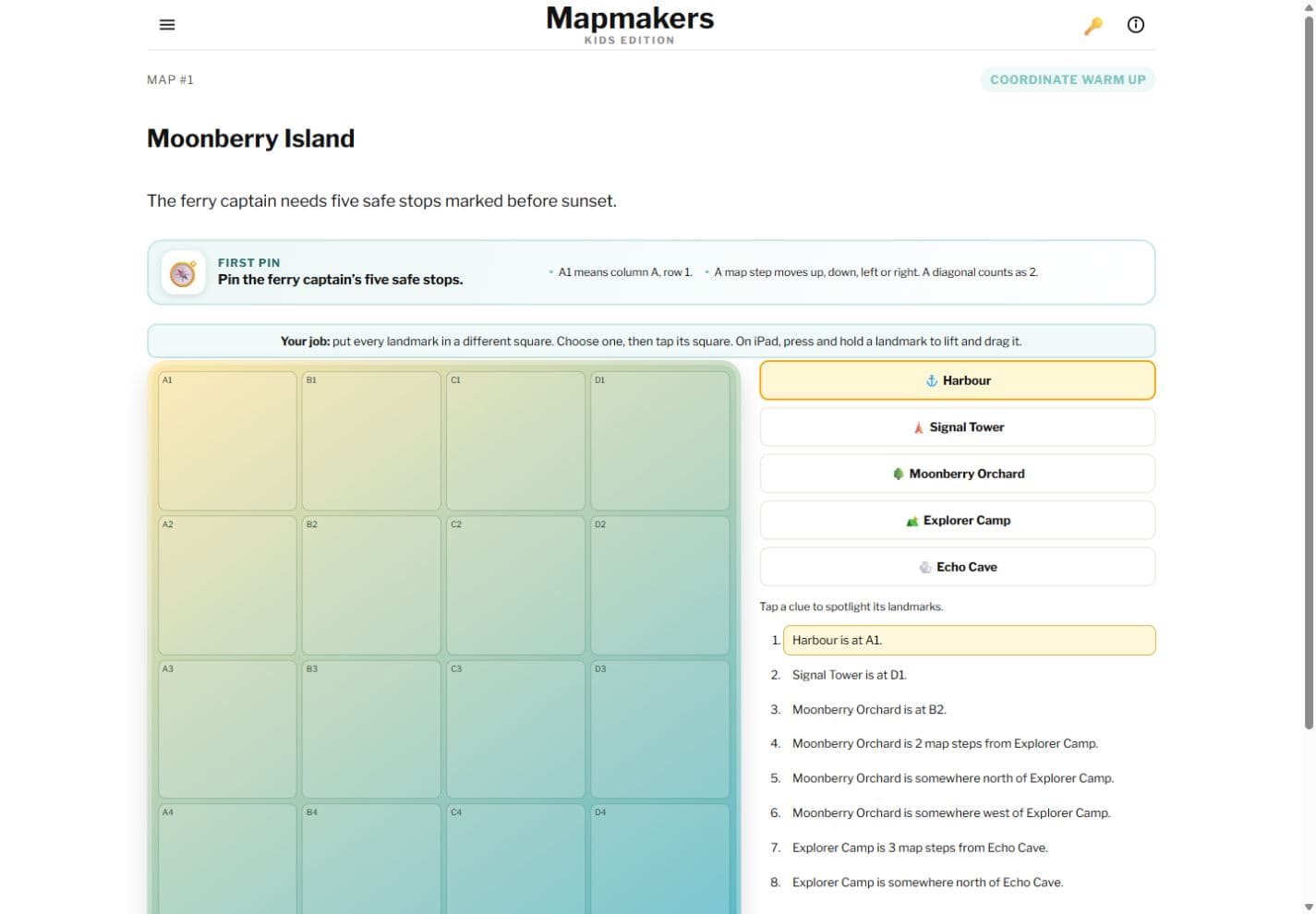 Mapmakers spatial reasoning game with an interactive grid and clue system