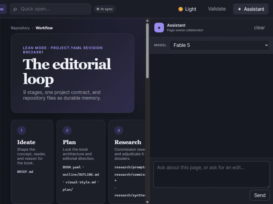 Book System interface showing the editorial workflow and assistant without private manuscript identifiers
