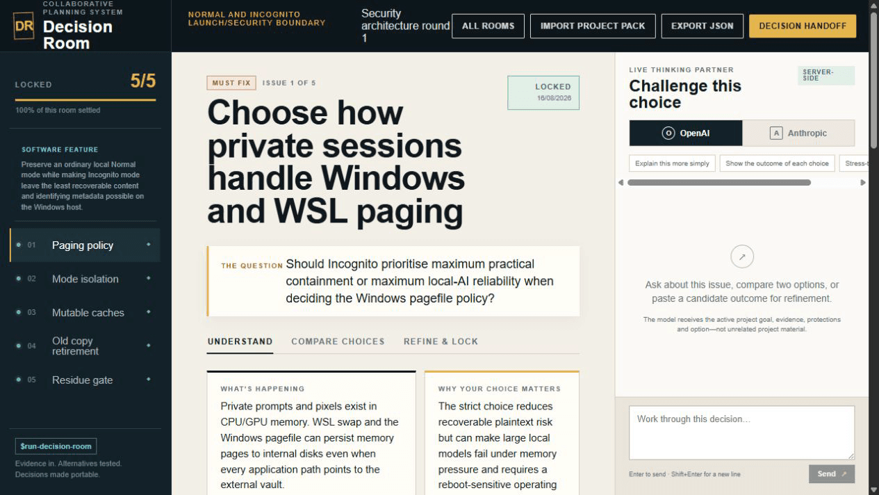 Decision Room interface resolving a five-issue local AI security architecture round