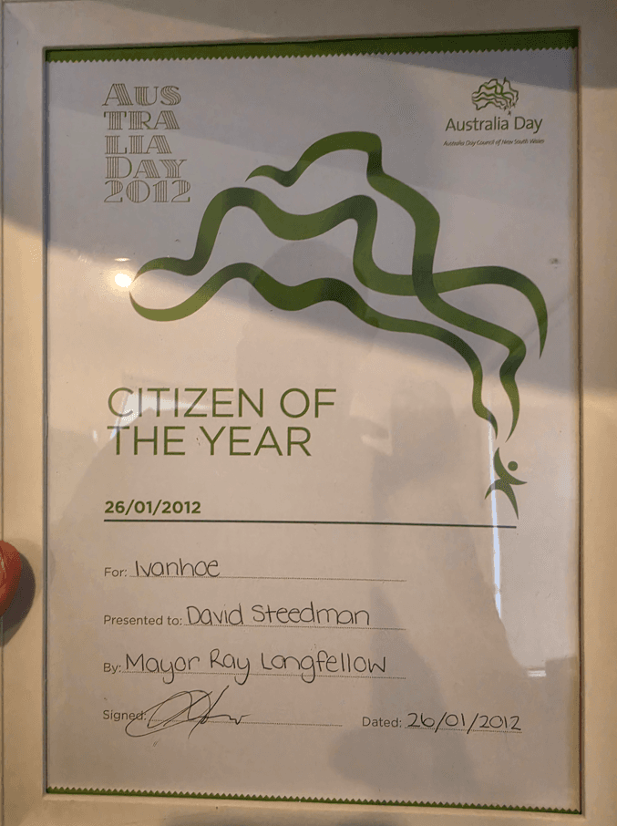 Australia Day Citizen of the Year certificate presented to David Steedman for Ivanhoe on 26 January 2012