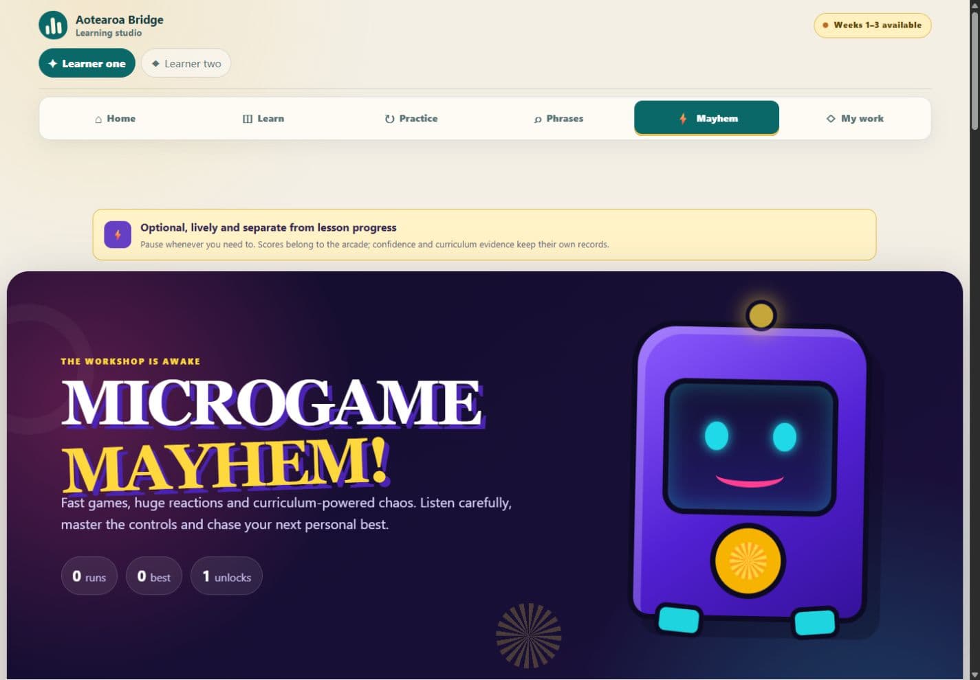 Aotearoa Bridge Microgame Mayhem arcade with a purple workshop character and privacy-safe synthetic profile