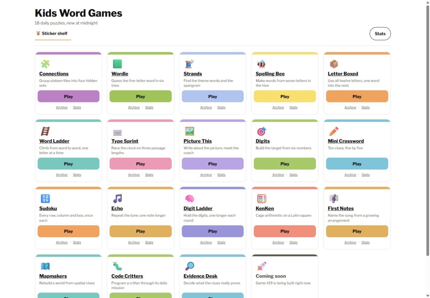 Kids Word Games hub showing the daily game collection
