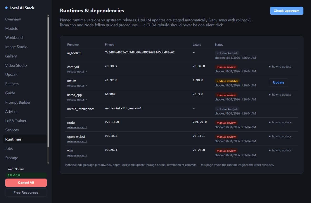 Local AI Stack runtime-governance interface showing pinned versions, available updates and manual review states