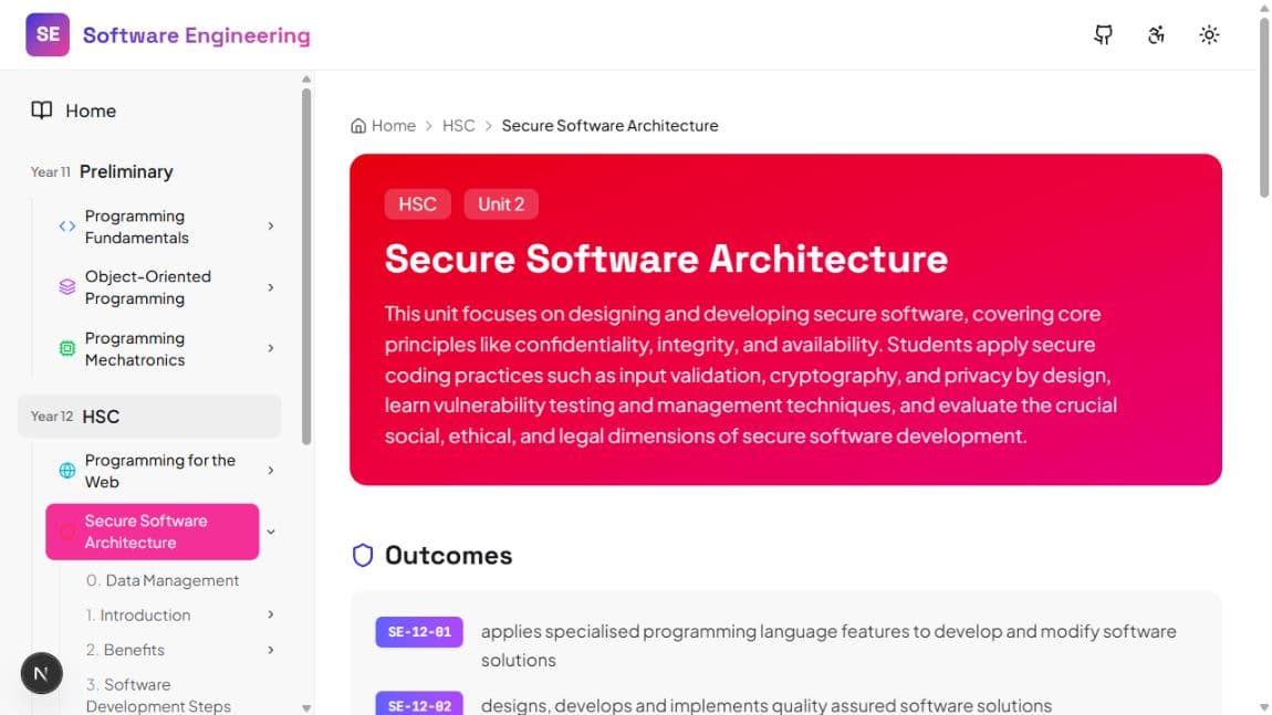 Secure Software Architecture course unit with navigation, overview and NSW syllabus outcomes