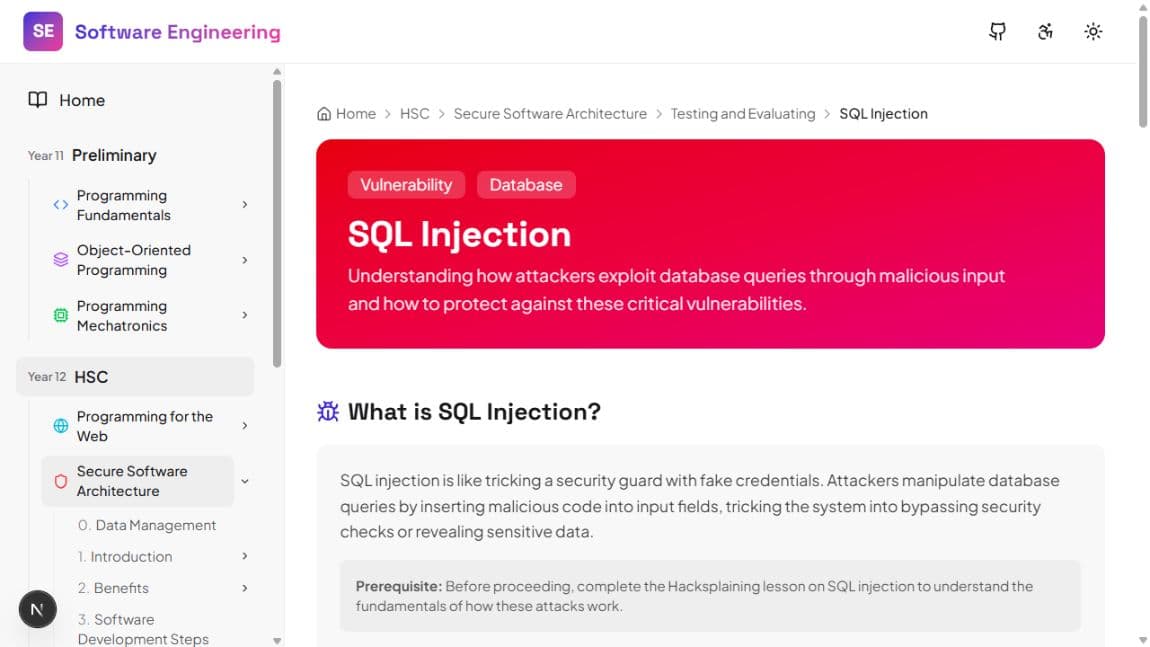 SQL Injection practical lab inside the Stage 6 Software Engineering course